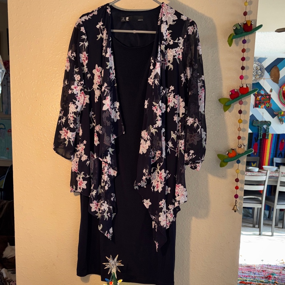 VINTAGE LESLIE FAY Navy blue sleeveless stretchy dress with attached sheer li